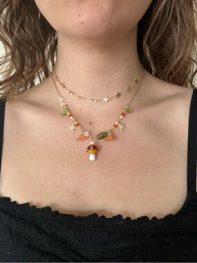 Gold Tone Mushroom Pendant Layered Necklace - Orange & Green